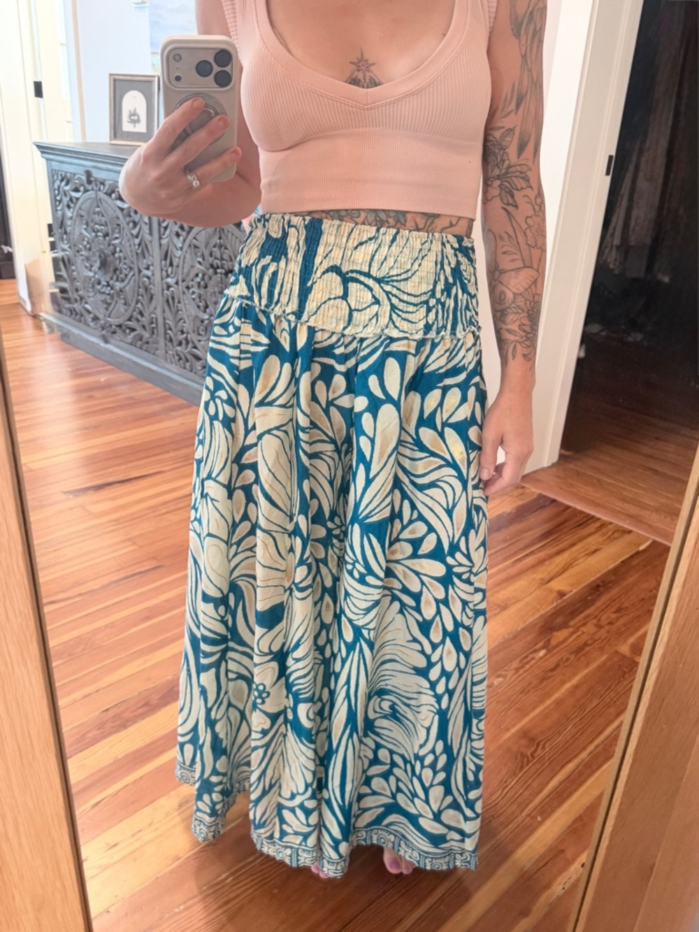 Silky Smocked Waist Blue & Cream Floral Wide Leg Pants OS